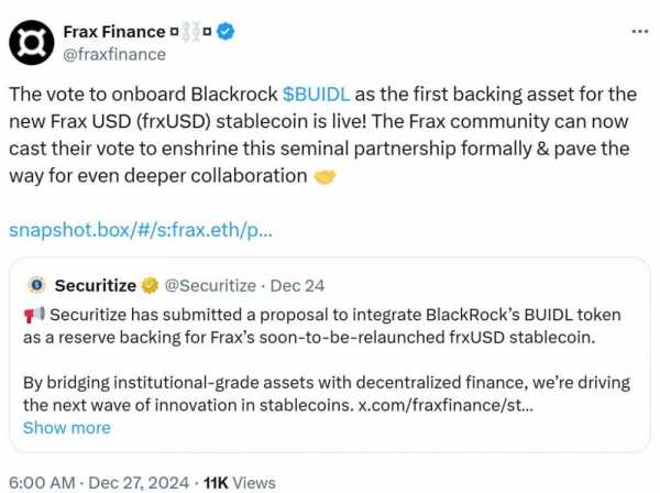 Голосование за использование BUIDL от BlackRock в качестве резервного актива для стеблкоина Frax запущено