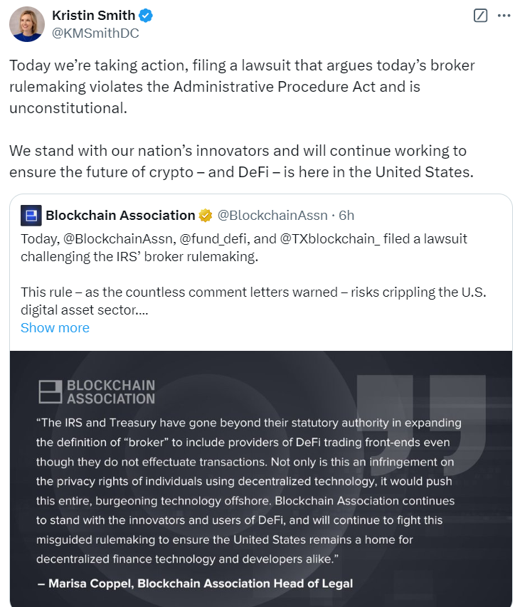 Blockchain Association подала в суд на IRS из-за правил криптоброкеров