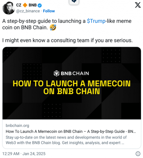 
                    Чанпен Чжао опубликовал руководство о запуске мемкоинов в BNB Chain                