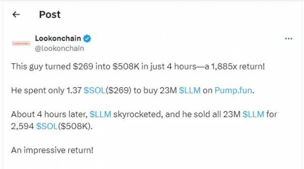 
                    Трейдер превратил $269 в $500,000 благодаря мемкоину LLM                