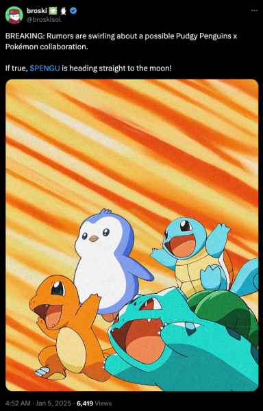Цена PENGU растет на фоне слухов о коллаборации с Pokémon