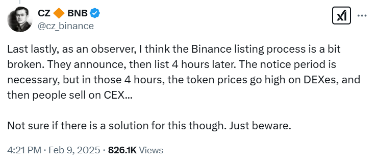 CZ: Листинг токенов на Binance требует реформы