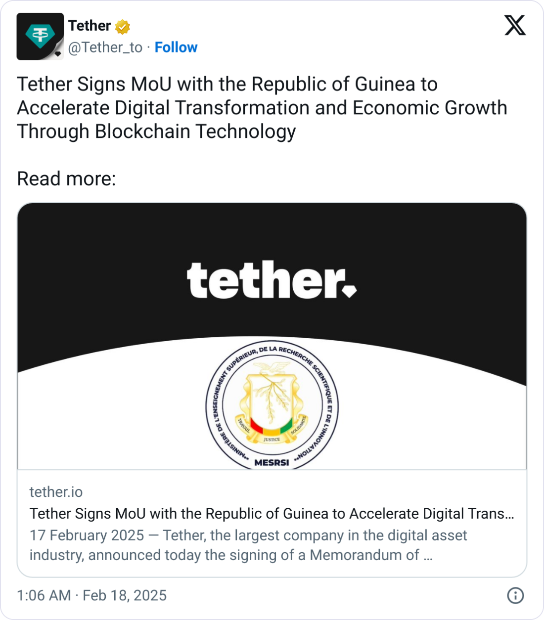 Tether подписывает соглашение с Гвинеей об исследовании технологии блокчейна
