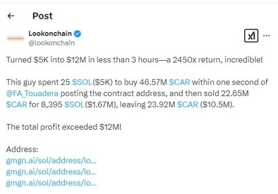
                    Трейдер превратил $5000 в $12 млн на инвестициях в мемкоин CAR                