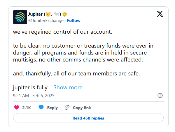 Пользователи DEX Jupiter в сети Solana сообщили о потере средств после взлома X-аккаунта проекта