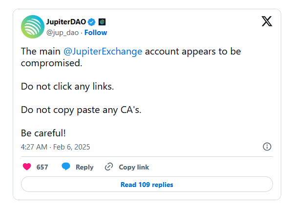 Пользователи DEX Jupiter в сети Solana сообщили о потере средств после взлома X-аккаунта проекта