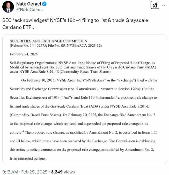 SEC утвердила заявку на спотовый Cardano ETF от Grayscale