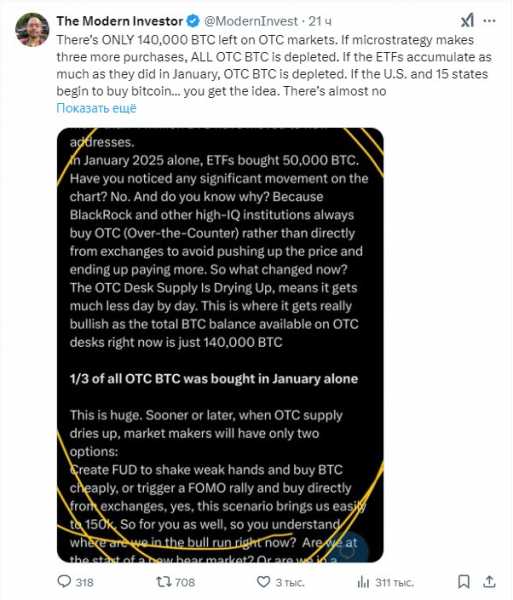 
                    Дефицит биткоинов на внебиржевых платформах повысит BTC до $150,000                