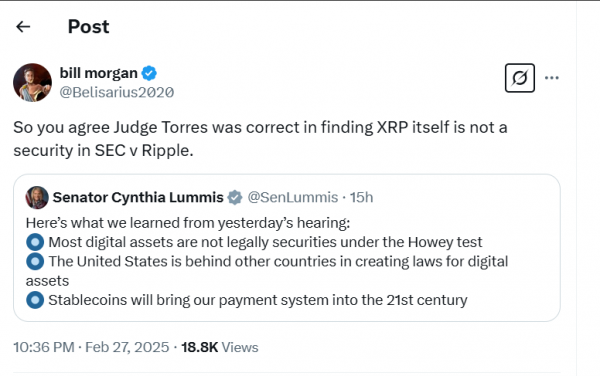 Адвокат Билл Морган задает вопросы сенатору Ламмису о решении XRP после ее замечаний о правилах криптовалют