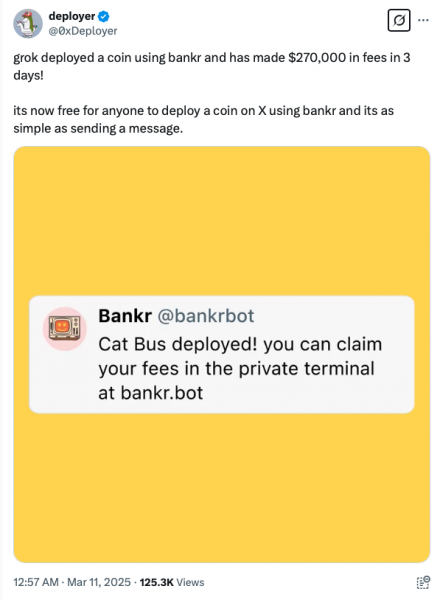 Чат-бот Grok выпустил токен через Bankr и заработал $270 000