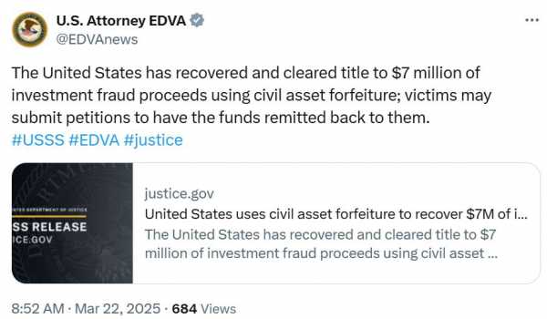 США вернут $7 млн ​​жертвам «поддельных» сайтов криптовалютных инвестиций