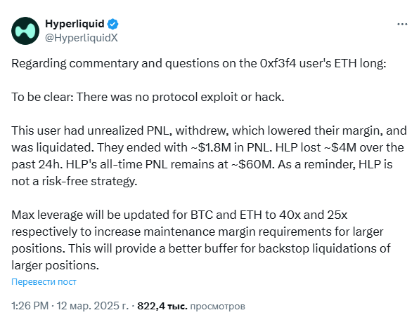 
                    В результате ликвидаций трейдер получил $1,8 млн, Hyperliquid понесла потери                