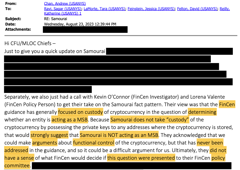 Samourai Wallet утверждает, что федералы скрывали информацию, что криптомиксеру не нужна лицензия
