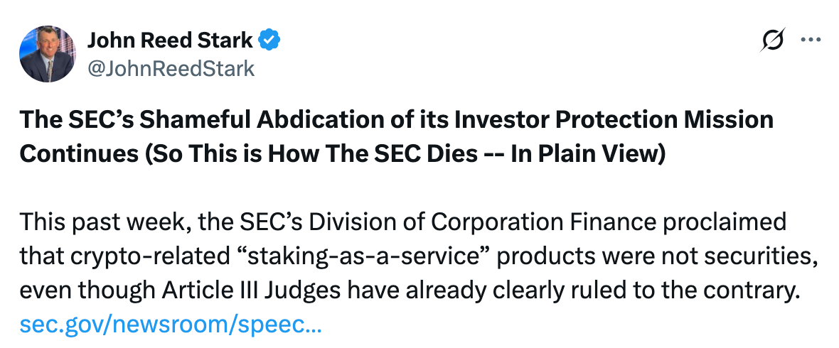 SEC критикуют из-за смены позиции в отношении стекинга криптовалют