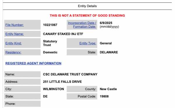 Canary Capital запускает траст в Делавэре под ETF на застейканный Injective