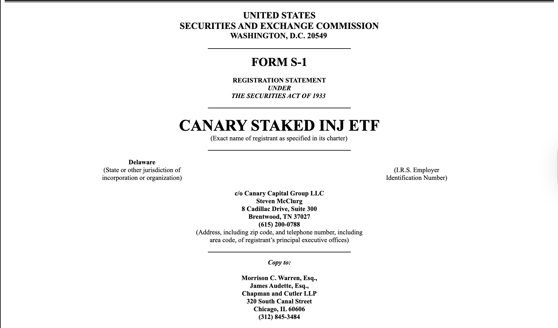 Canary Capital подала заявку на регистрацию Injective ETF со стекингом