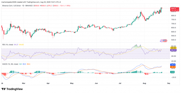 Цена BNB выросла на 4,1% до $888 после размещения China Renaissance $100 млн.