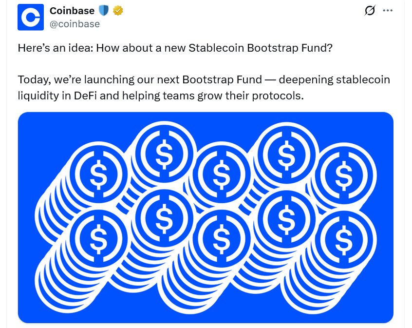 Coinbase возрождает фонд стейблкоинов Bootstrap для повышения ликвидности USDC в DeFi
