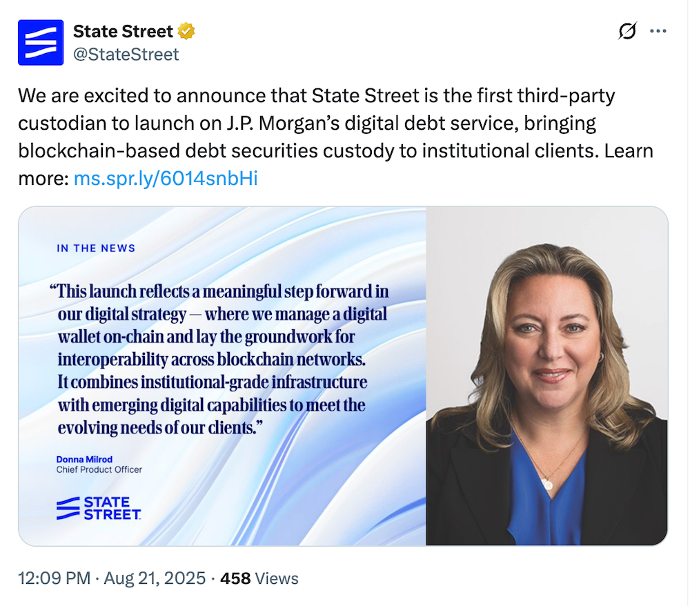 State Street становится первым кастодианом на платформе токенизированного долга JPMorgan