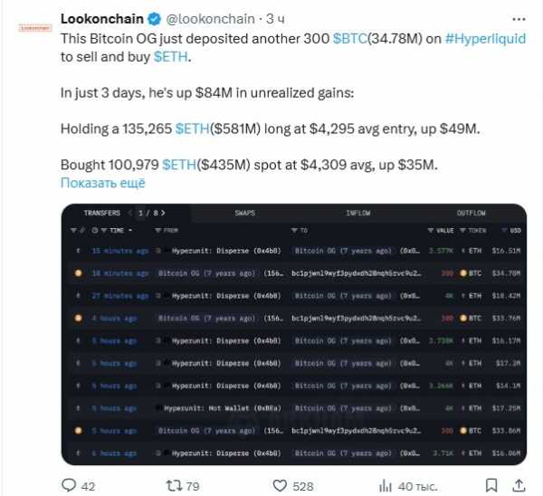 
                    После семи лет затишья криптокит продал биткоины и купил 62,914 ETH                