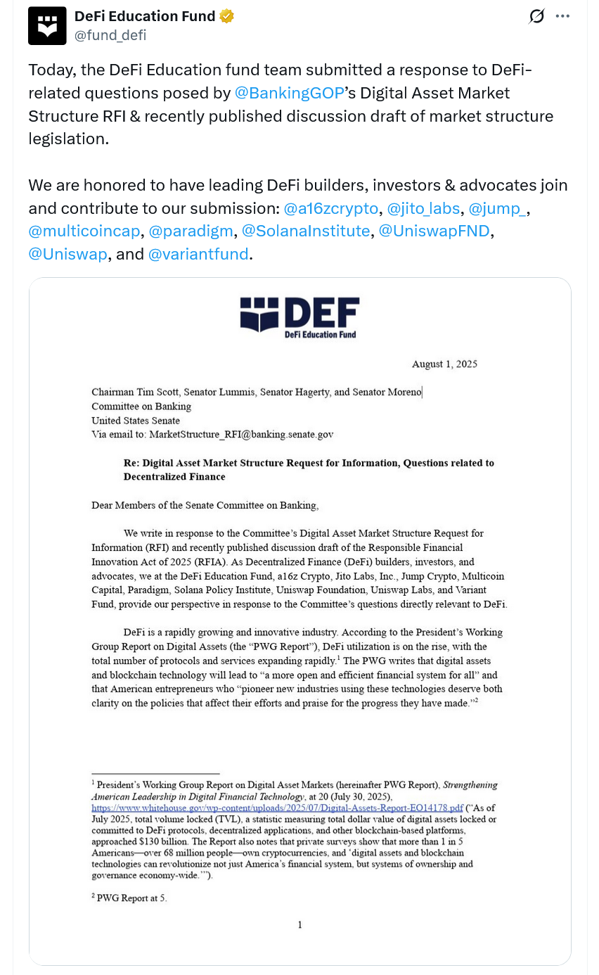 Образовательный фонд DeFi призывает Сенат усилить защиту разработчиков в криптовалютном законопроекте